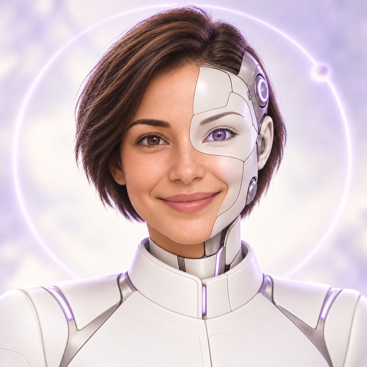 Georgie, a friendly humanoid AI with human and robotic features